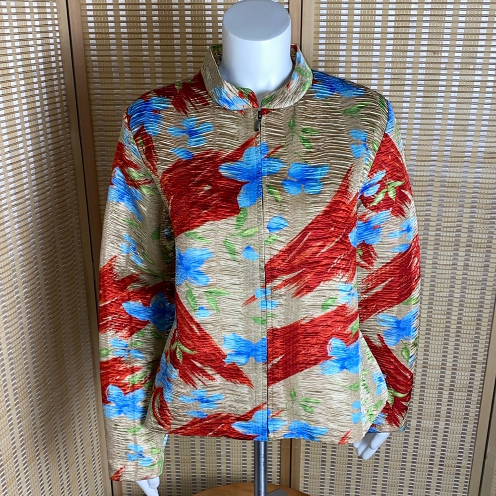 Analogy Satin Floral Blazer Full Zip Up Artsy Textured Jacket Size Lg
